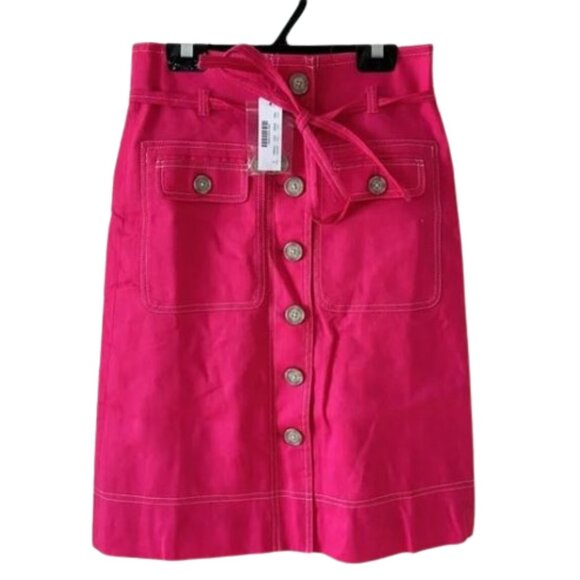 NWT J Crew Women's Pink Linen Pocket Utility Waist Tie Midi Stretch Button Skirt - Picture 1 of 16